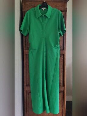 COS GATHERED MIDI SHIRT DRESS IN GREEN LARGE